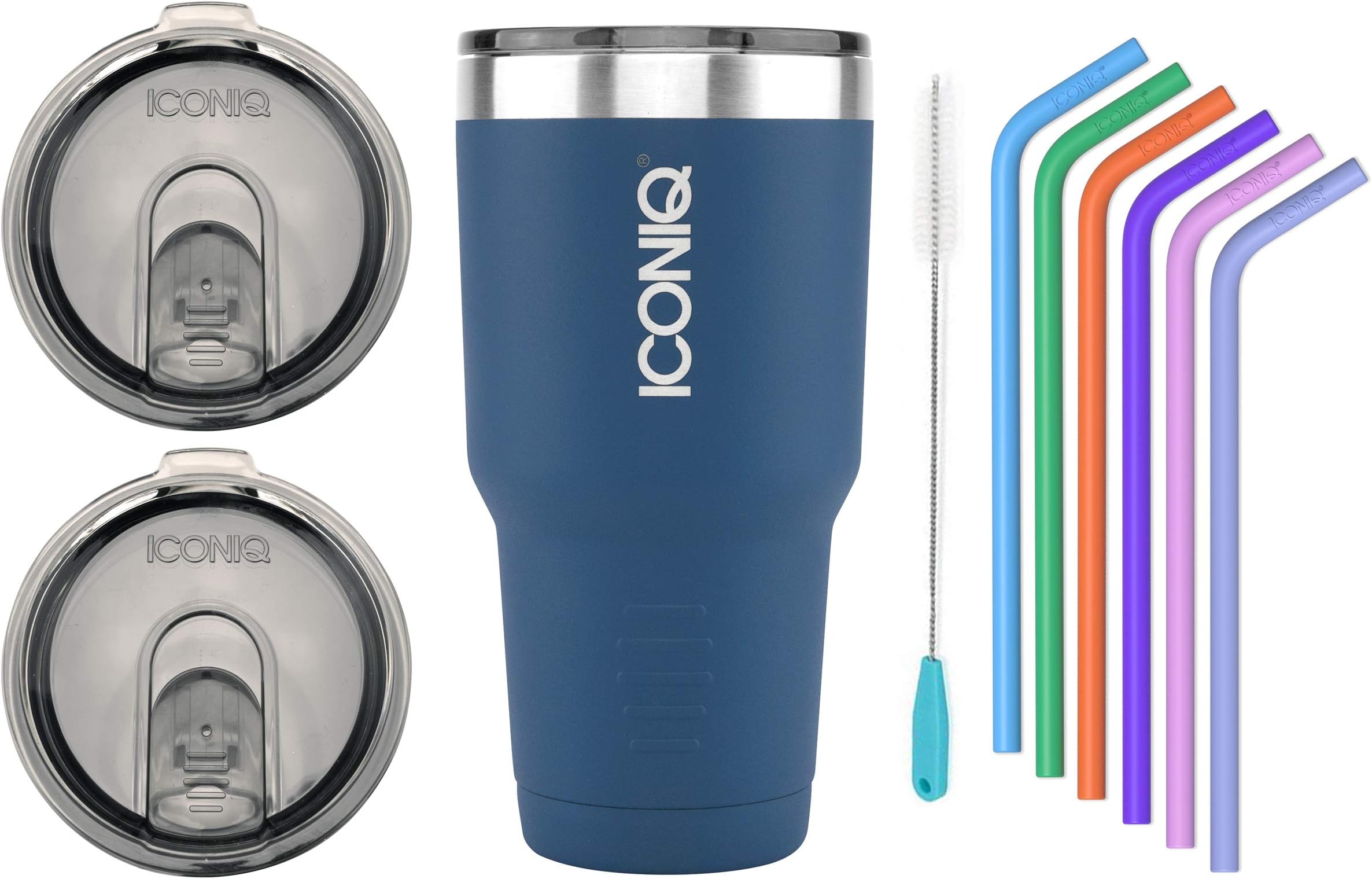 ICONIQ Stainless Steel Vacuum Insulated Tumbler | 30 Ounce | Includes 2 Spill Proof Lids and Set of 6 Reusable Silicone Straws (Blue)