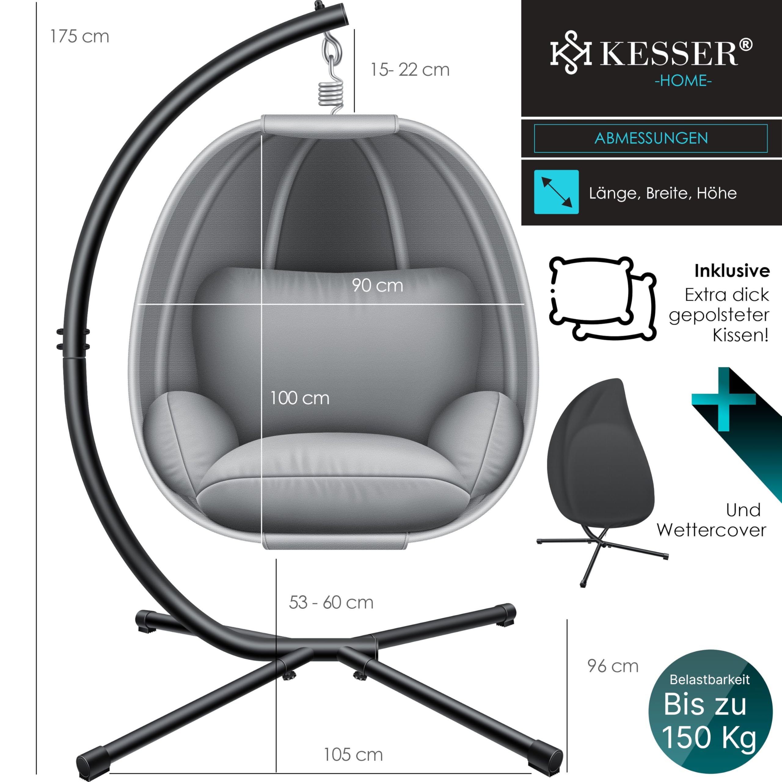 KESSER® Luxe Hängesessel mit Gestell + weiches Sitzkissen und Abdeckung, Seitenpolsterung, Rückenkissen Hängekorb Indoor & Outdoor, Garten Schaukel Hängestuhl Stabiler Standfuß, max. 150 kg Grau 7