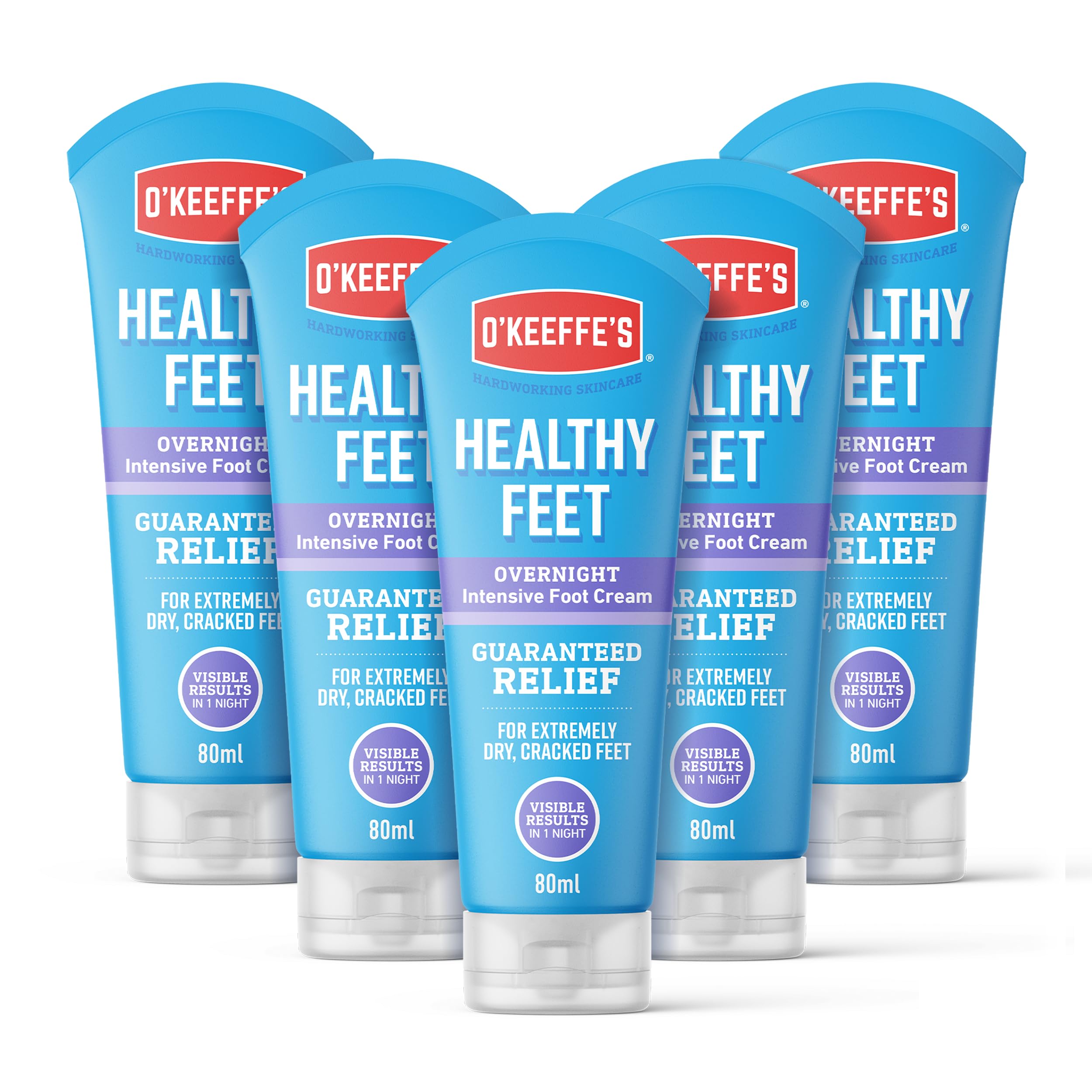 O’Keeffe’s Healthy Feet Overnight, 5 x 80ml Tubes – Intensive Foot Cream for Extremely Dry, Cracked Feet | Visible Results in 1 Night