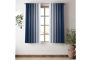 Vangao Navy Blue Ombre Blackout Kids Curtains 63 Inch Length for Living Room Bedroom Gradient Room Darkening Thermal Insulated Light Blocking Drapes Back Tab Window Soundproof Curtain, 2 Panels