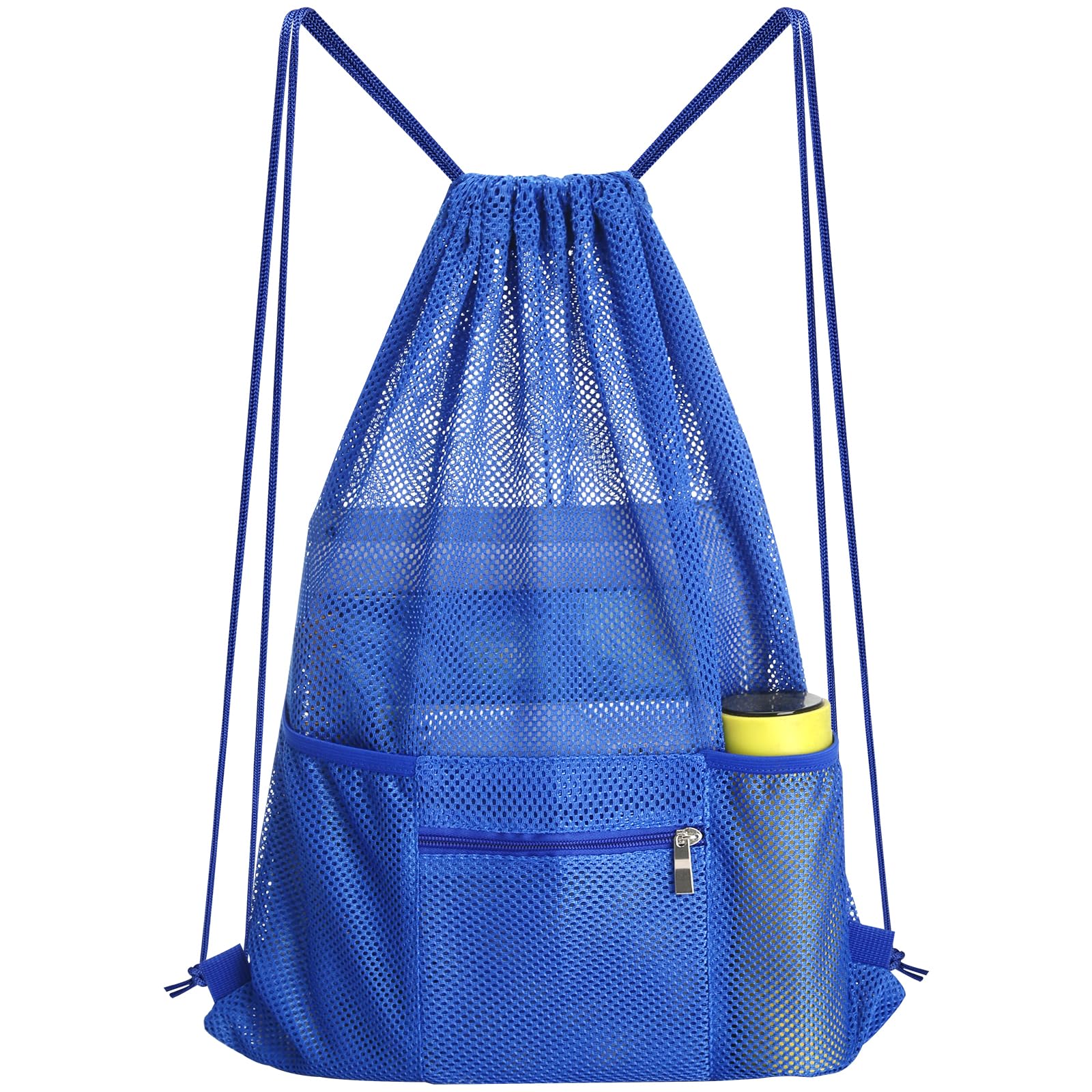 Photo 1 of NATURAL STYLE Mesh Drawstring Backpack Bag, Gym Sports Bag with Zipper Pocket Bottle Holder, String Beach Bag for Swiming Travel (Blue)