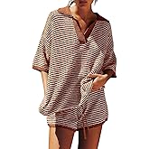Tankaneo Womens Sweater Set 2 Piece Outfits Oversized 3/4 Sleeve V Neck Knit Tops High Waisted Shorts Lounge Sets