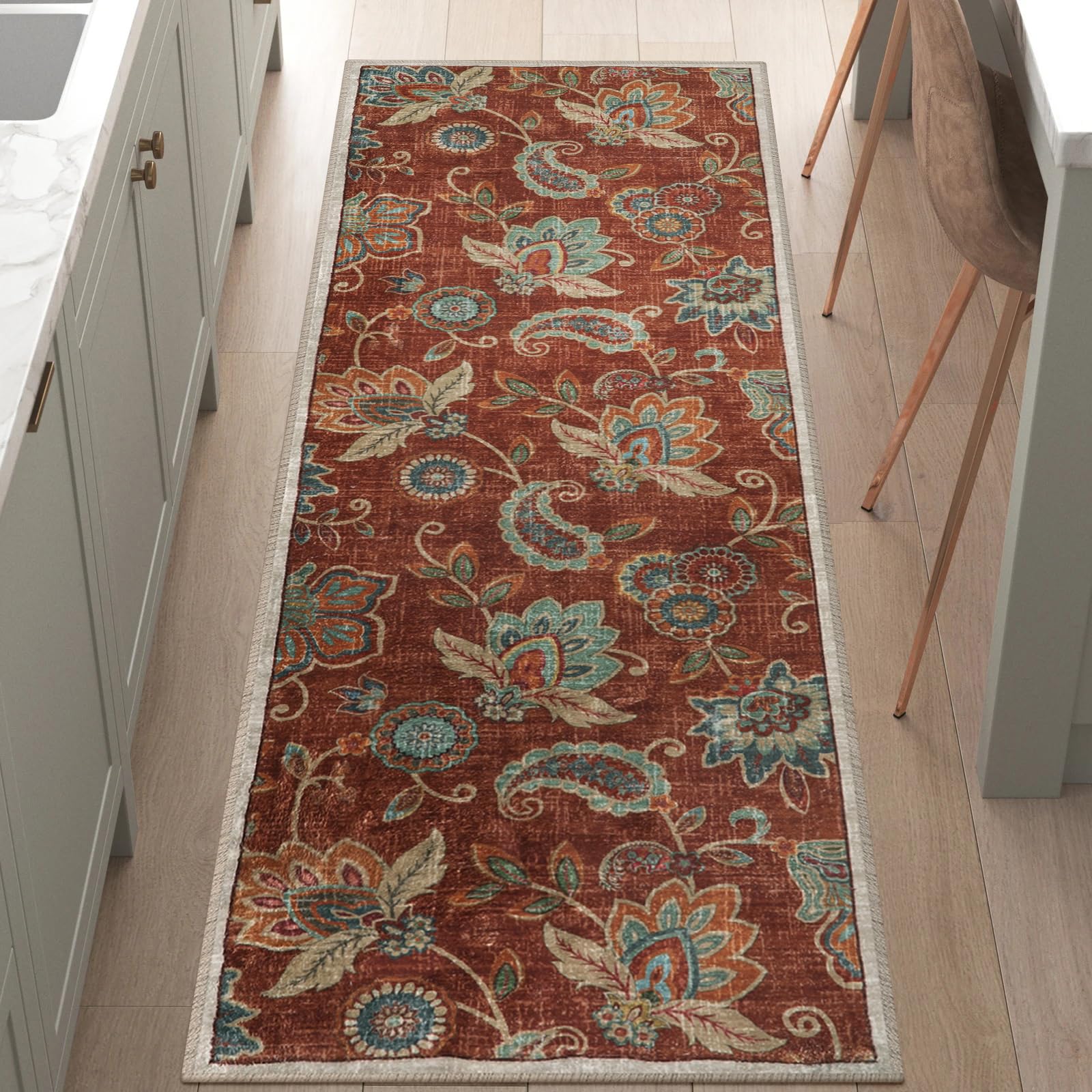 Photo 1 of Morebes Floral Runner for Hallways 2x6,Washable Bathroom Runner Rug,Non Skid Kitchen Rugs and Mats Distressed Paisley Design Indoor Floor Carpet Runner for Entryway Laundry Foyer,Red