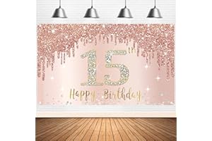 BUMQVIY Happy 15th Birthday Banner Backdrop Decorations for Girls, Rose Gold 15 Birthday Party Sign Supplies, Pink 15 Year Old Birthday Poster Background Photo Booth Props Decor