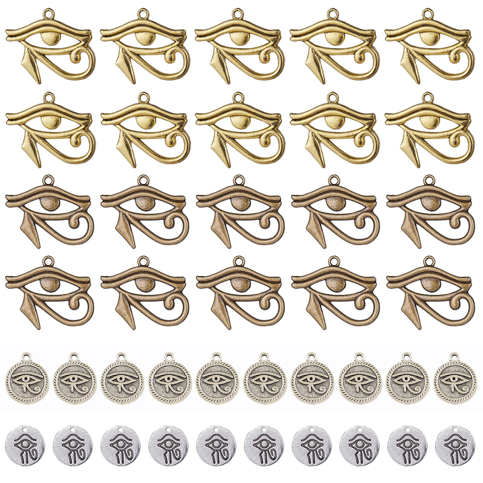 SUNNYCLUE 1 Box 40pcs 4 Styles Egyptian Eye of Horus Charms Pendant with Hole for Earring Bracelet Jewellery Making Accessories Craft Supplies