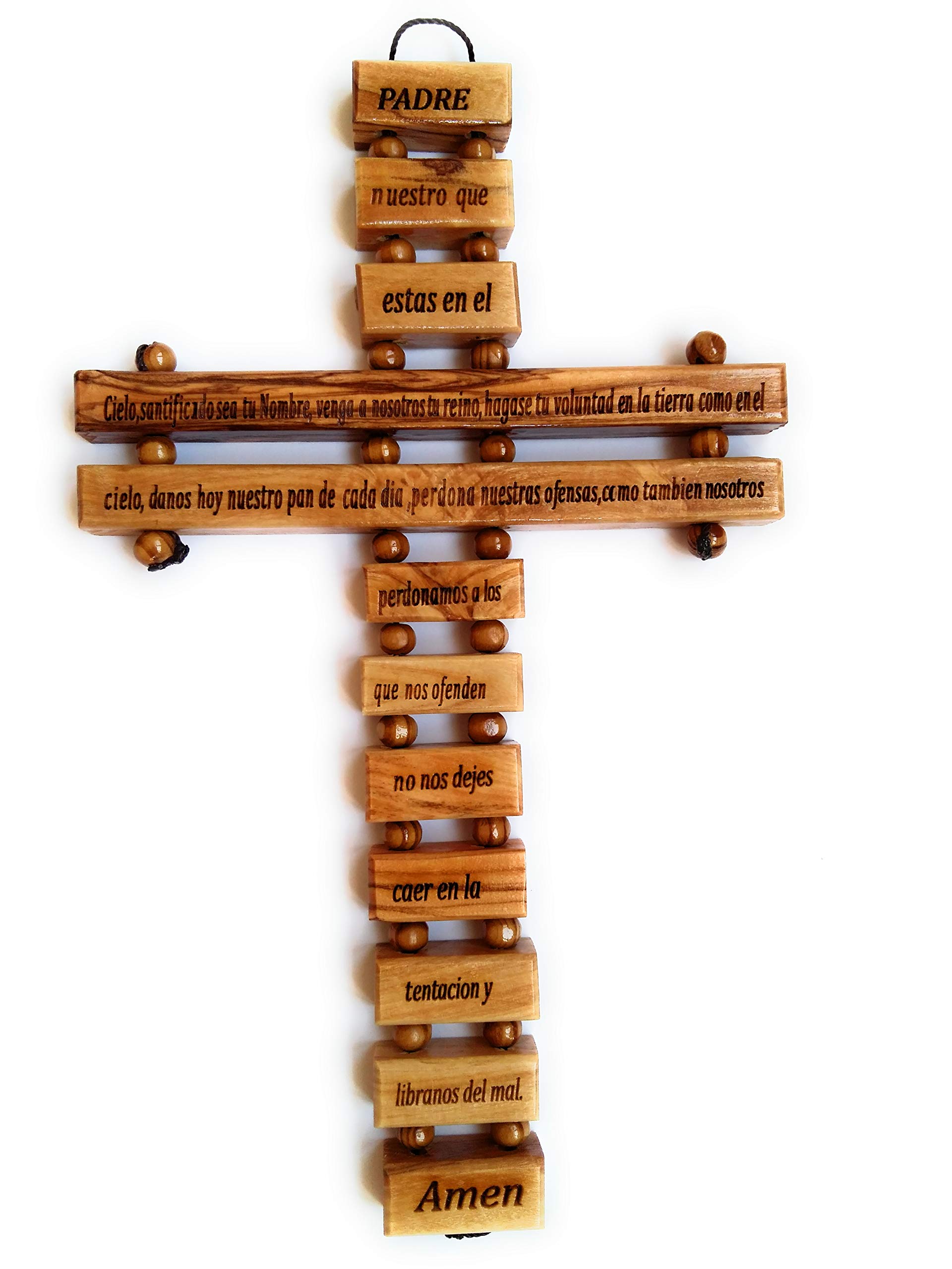 The Good Mart Large Olive Wood Wall Cross (22.9 cm) with Our Father (Father's Prayer) in Spanish (Español), Handcrafted in Bethlehem Holy Land