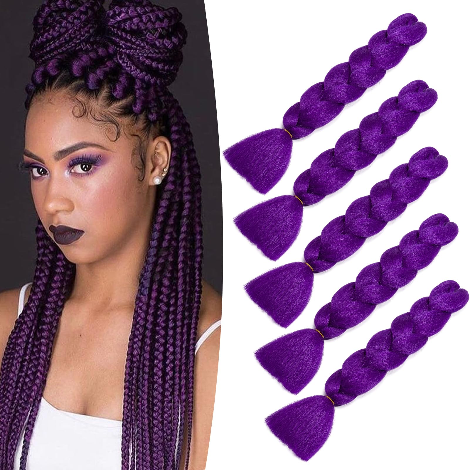 Dcbaboo Purple Hair Extensions for Braiding Jumbo Braiding Hair Extension 5packs 24inch Synthetic Hair Kanekalon Ombre Braids Extensions Hair Afro Crochet Twist Box Braids 500g, Dark Purple