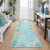 Seavish Modern Coastal Bathroom Runner Rug, 2x6 Aqua Green Tropical Coral Runners for Hallways, Low Pile Nautical Kitchen Runner Rugs Non Skid Washable, Seaside Rug for Entryway Laundry Bedroom