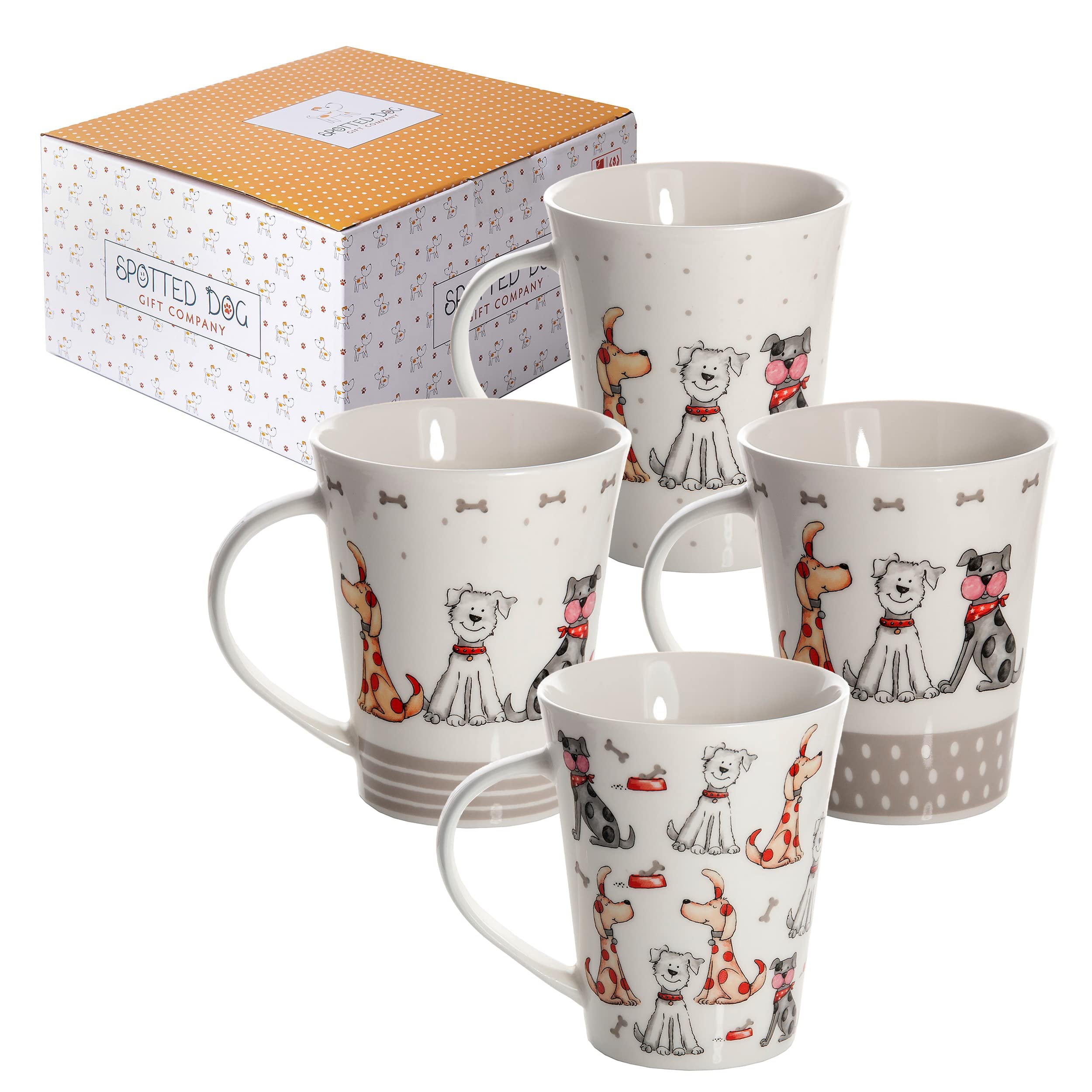 SPOTTED DOG GIFT COMPANY Mugs Set of 4 Dog Mugs, Cute Ceramic Porcelain China Cups for Coffee and Tea, Microwave and Dishwasher Safe, Gifts for Dog Lovers Women Men 360ml
