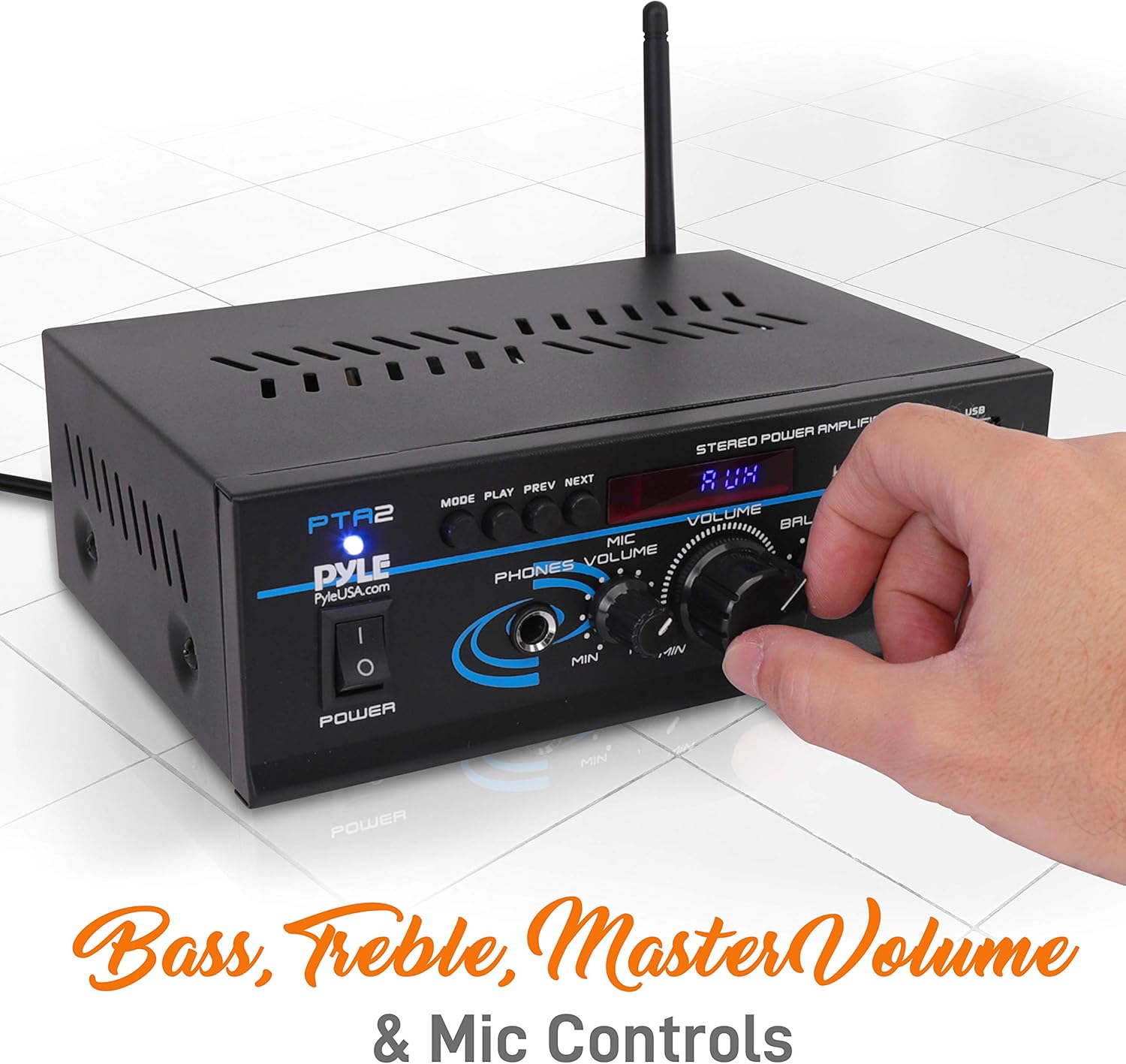 Bluetooth Mini Blue Series Home Audio Amplifier - Compact Desktop Home Theater Stereo Amplifier Receiver with USB Charge Port | Pager & Mixer Karaoke Modes | Mic Input (40 Watt x 2) | Pyle PTA22BT, 2X2X2: Home Audio & Theater