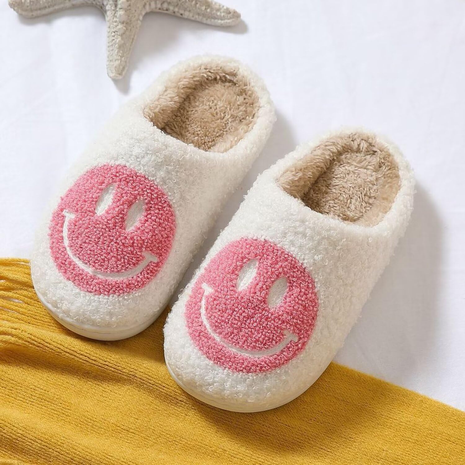 KEYUSHOP Happy Face Slippers for Kids Smile Face House Slippers Soft Plush Warm Preppy Slipper Anti-Slip Winter Fuzzy House Shoes for Toddler Girls