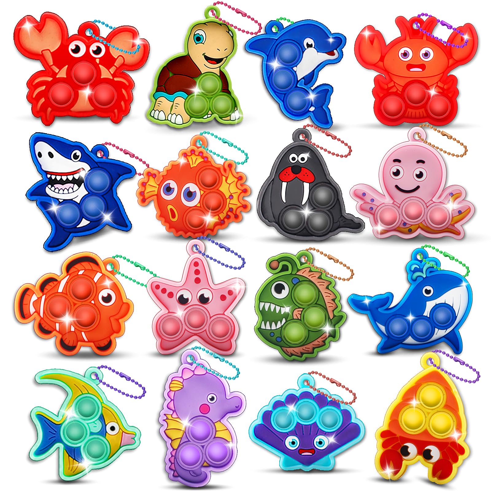 Party Favors for Kids 16PCS Sea Animal Sensory Toys, Mini Pop Fidget Toys Keychain for Kids, Goodie Bag Stuffers, Carnival Birthday Gifts, Classroom Prizes