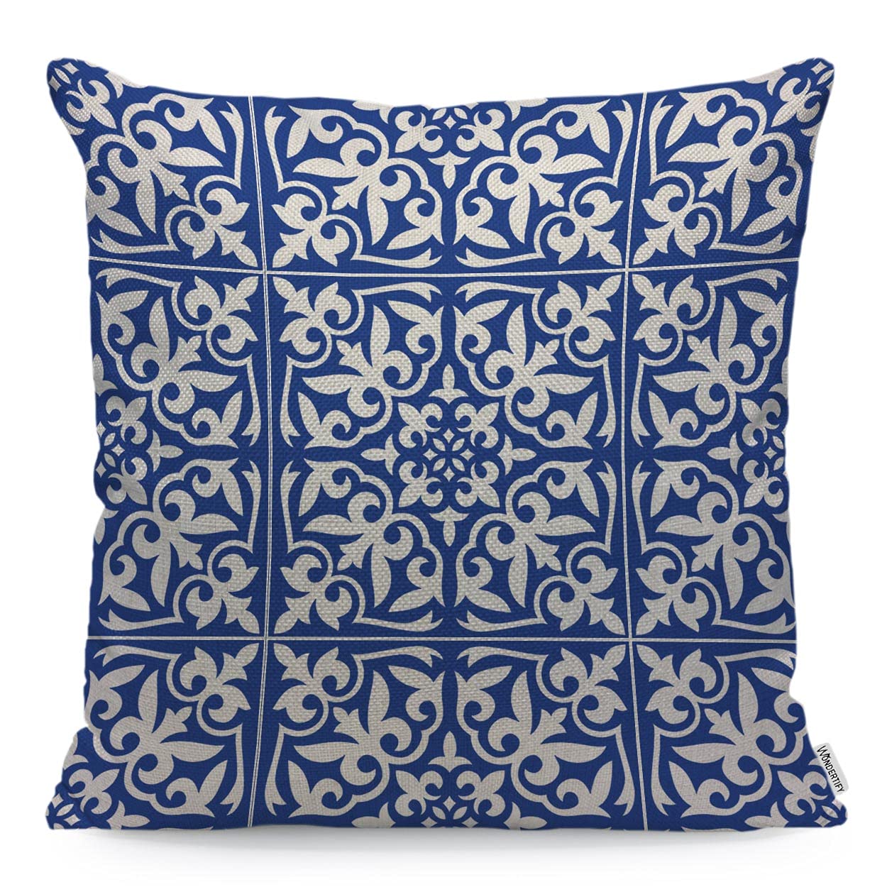 WONDERTIFY Ikat Damask Cushion Cover Traditional Floral Cobalt Throw Pillow Covers Cushion Case For Couch Home Decor Blue White 45X45 Cm