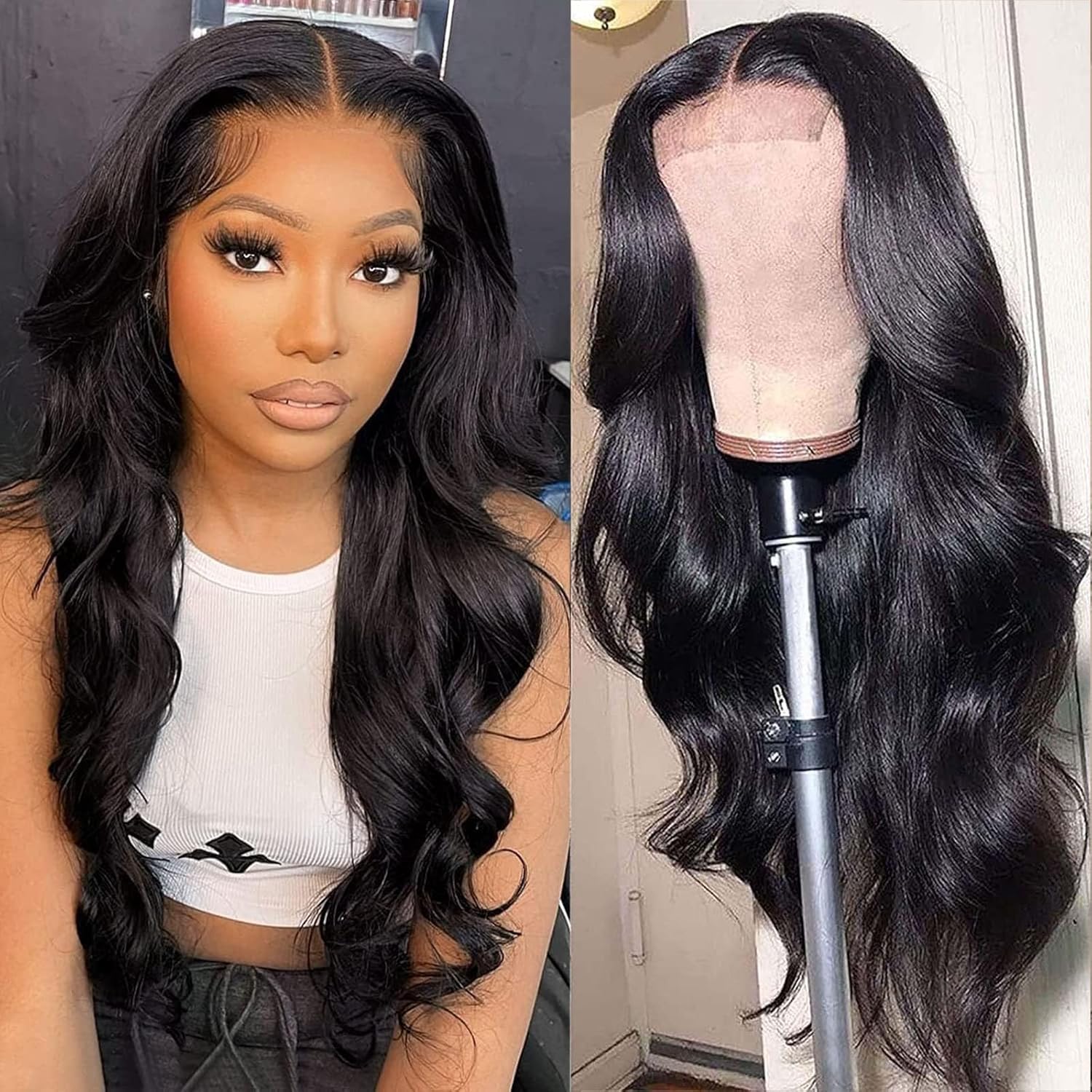 Photo 1 of YePei 22 Inch Body Wave Lace Front Wigs Human Hair 4x4 Closure Wigs for Black Women 200 Density Wear and Go Glueless Wigs Human Hair Pre Plucked Pre Cut