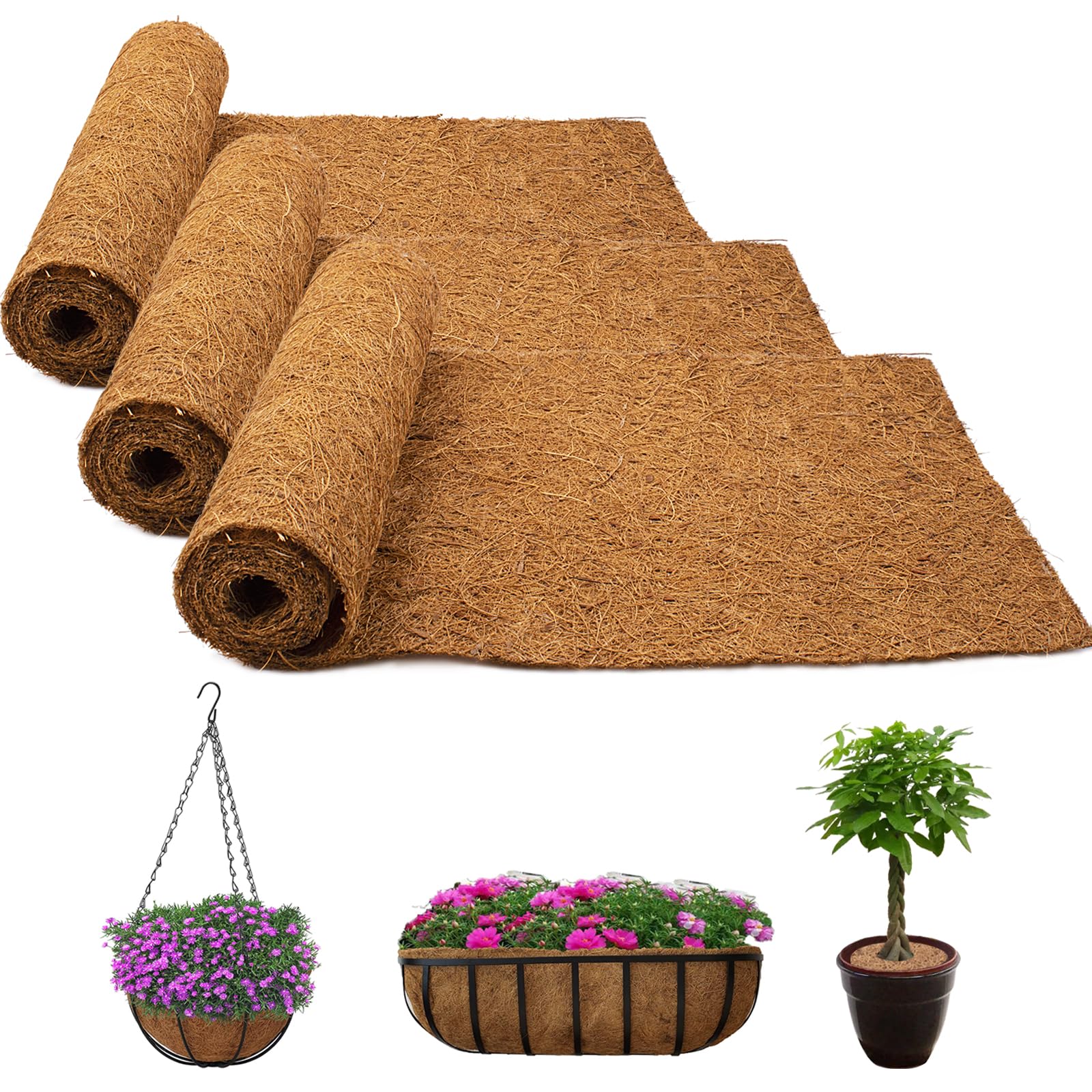 Fengaim Natural Coco Liner Roll, 3 Rolls 1m*0.25m/40" x 10" Coconut Planter Liners, Coco Hanging Basket Liner Coconut Growing Mat Coconut Fibre Matting Liner Roll for Patio Containers Wall Troughs