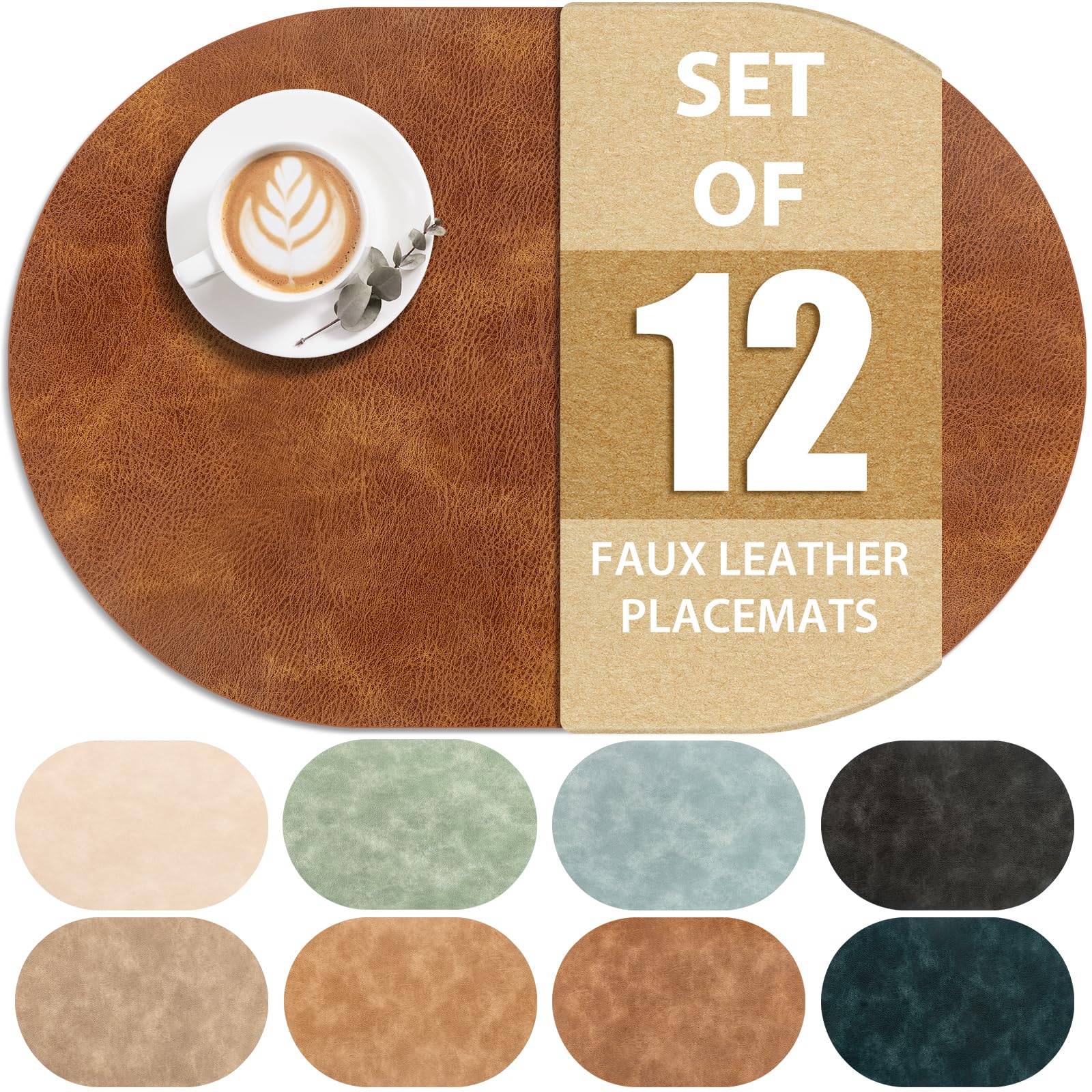 Photo 1 of ADRIMER Placemats, Heat Resistant Oval Placemats Set of 12 Washable 12 x 17 Inch, Waterproof Table Mats, Wipeable Pu Place Mats for Kitchen, Dining Room, Turmeric Brown