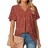 Anyally Women's Summer Dressy Chiffon Blouses V Neck Ruffle Short Sleeve Tunic Tops for Leggings Casual T-Shirts