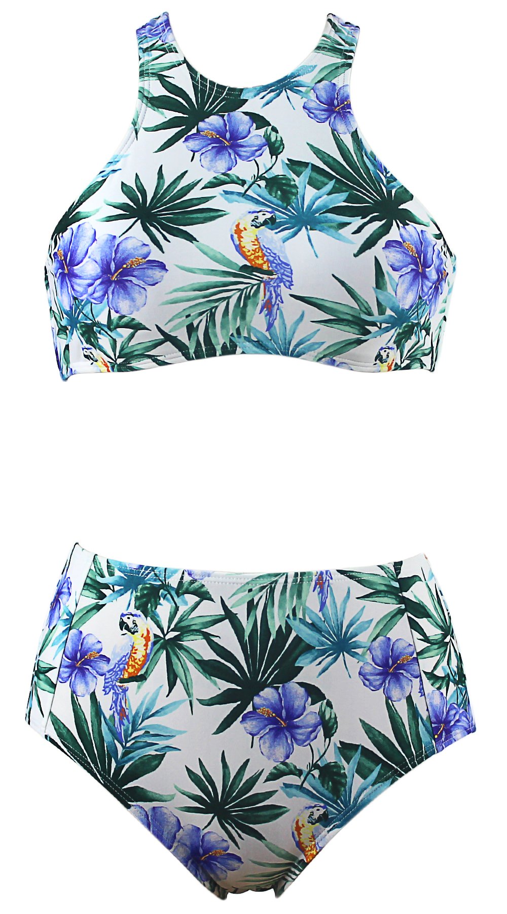 Agreya Womens Leaves Pattern High Waist 2 Piece Bikini Set Bathing Suit (White Purple Flower, L)