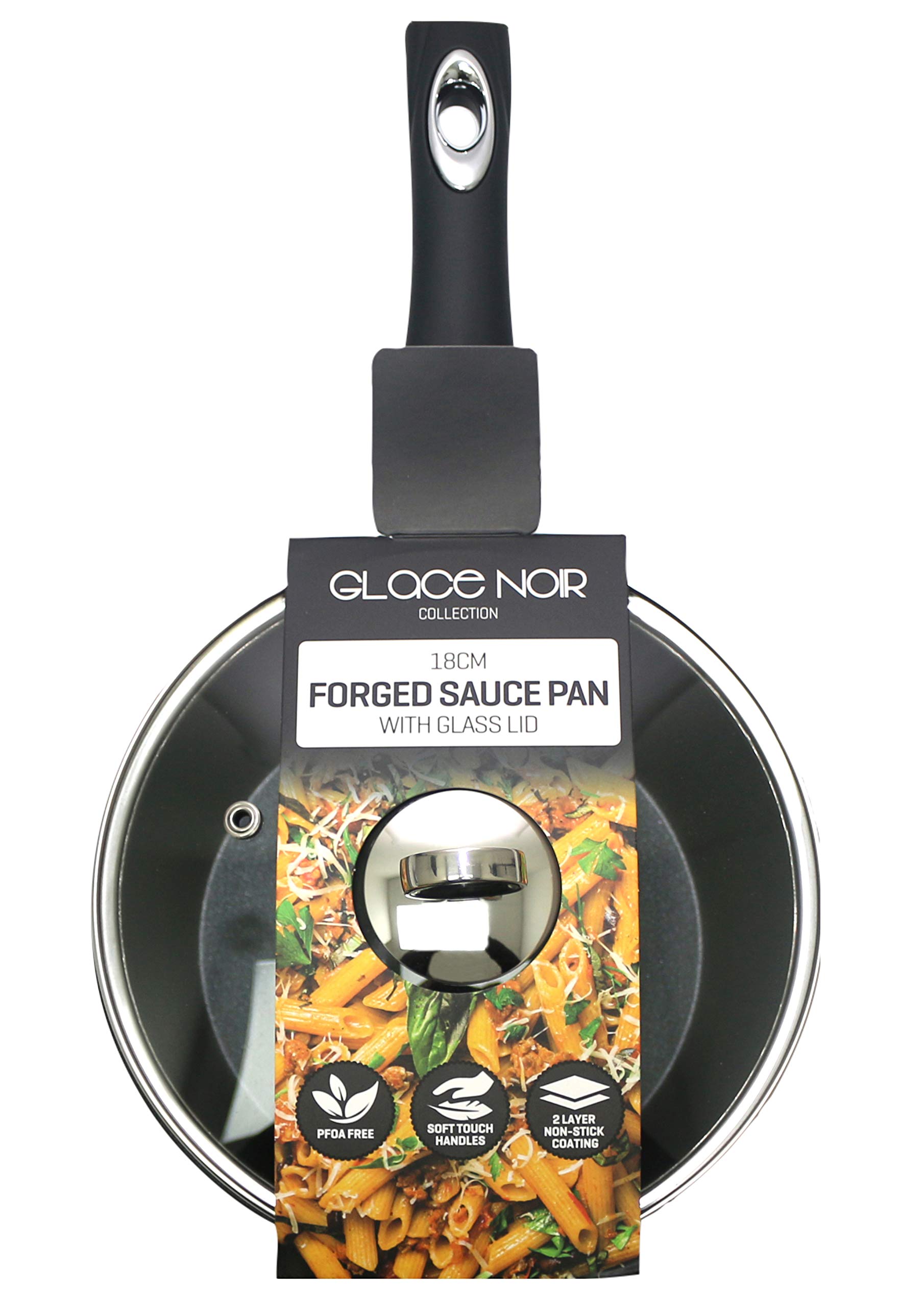 Daewoo CKW2273 Glace Noir 18cm Forged Black Saucepan with Glass Lid and Ceramic Non-Stick Coating, Suitable for Gas, Electric and Induction Cooking, Sturdy Handle with Chrome Insert, Aluminium