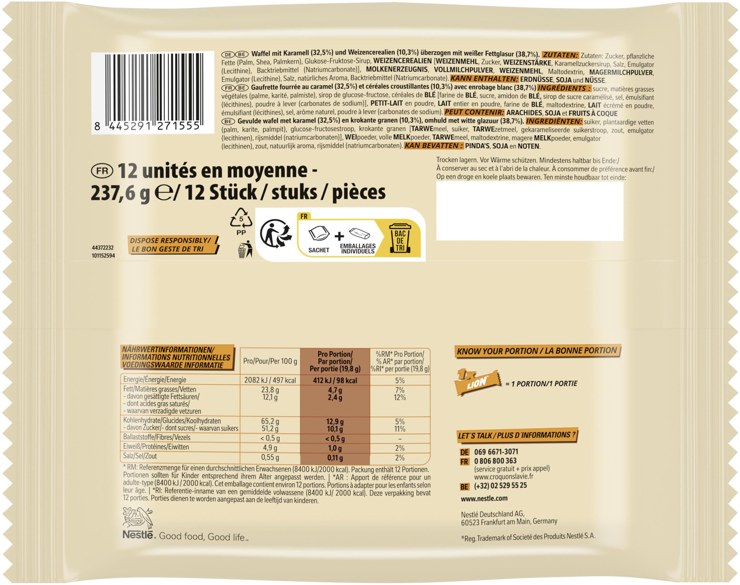 Nestlé LION White Minis, Knusper-Schokoriegel mit weißer Glasur, Karamell-Füllung und Crispy Waffel, 1er Pack (1 x 237,6g) 4