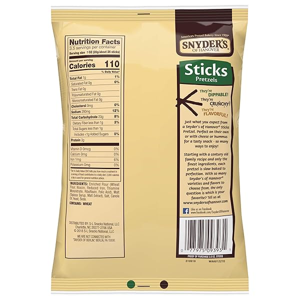 SNYDER’S OF HANOVER PRETZEL STICKS, 3.5 OUNCE