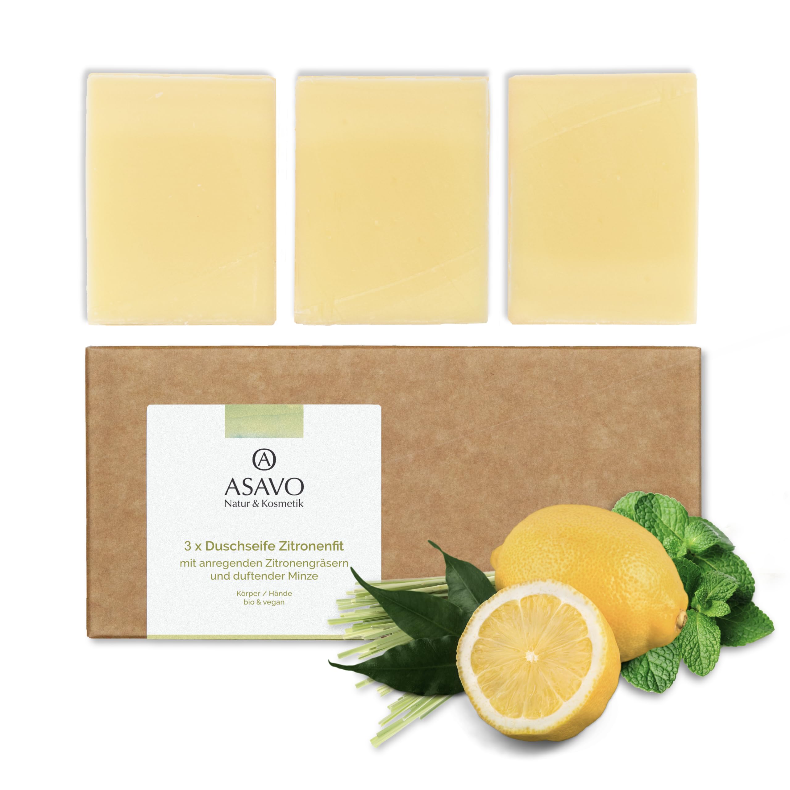 ASAVO Premium Natural Soap Lemon Fit Organic, Handmade Natural Soap, with Organic Karite Butter & the Fragrance of Lemongrass & Mint, Vegan, Clean Beauty, 3 x 95 g