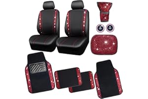 CAR PASS Rhinestone Red Bling Diamond Car Seat Covers Leather Black & Shining Car Floor mats Carpet with Anti-Slip Nibs& Bling Diamond Car Accessories Sets Glitter Sparkly Universal fit for 95% car