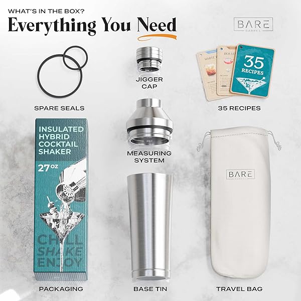 BARE BARREL INSULATED COCKTAIL SHAKER SET | DOUBLE WALL STAINLESS STEEL | MARTINI SHAKER FOR HOME BAR BARTENDING | BUILT-IN DRINK MEASURE SYSTEM & STRAINER, TRAVEL BAG, RECIPES | GIFT SET (SILVER)