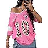BEAUDRM Women's Y2K Leopard Number Graphic Jersey Shirt Oversized V Neck Short Sleeve Baggy Tee Tops