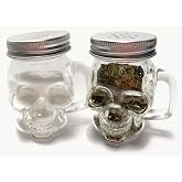 Mazeology Skull Shaped Two Piece Spice Jar Set Great for Salt Pepper and Herbs Crystal Clear Lead-Free Glass Skull Shaped Mason Jars with Metal Screw-on Perforated Lids