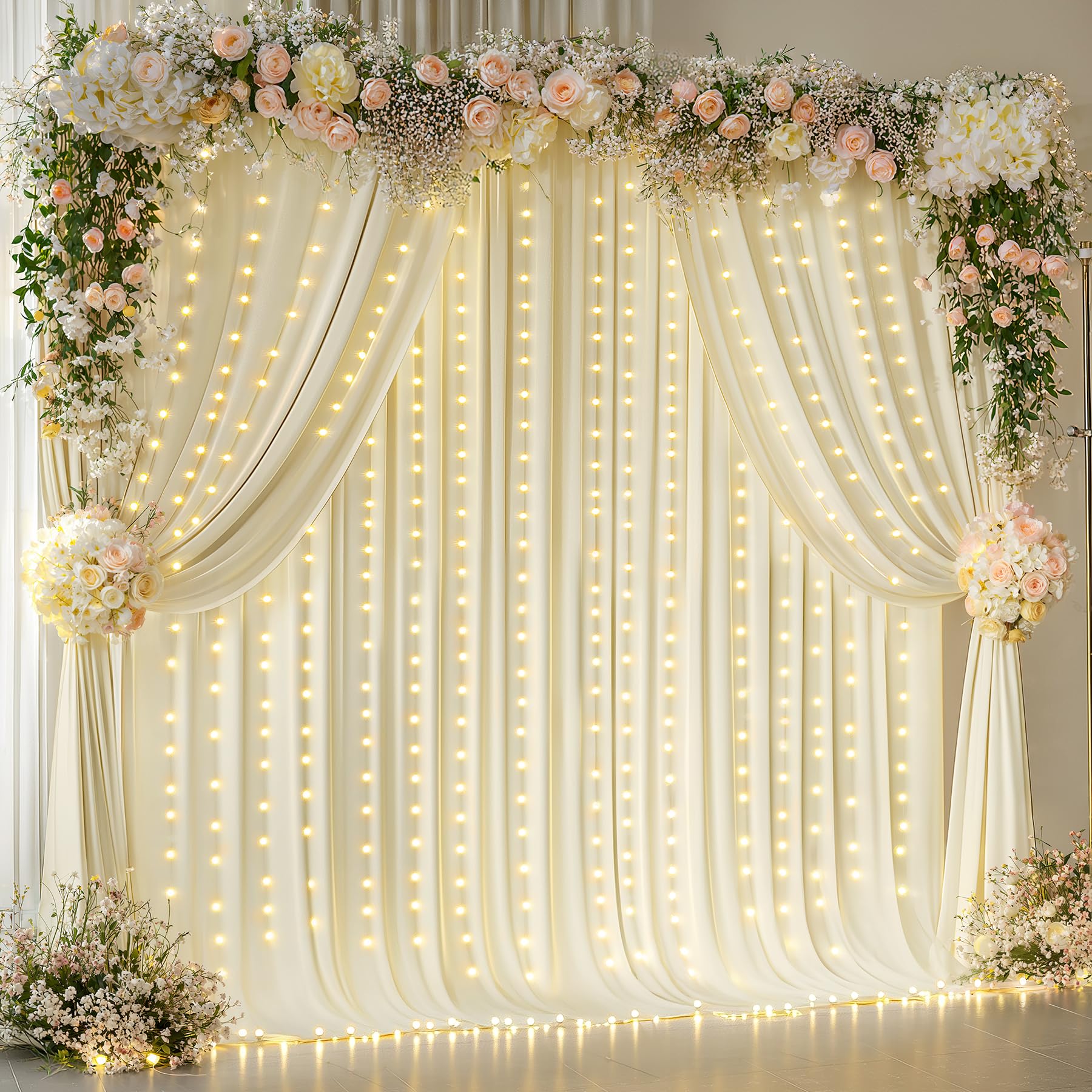 Photo 1 of 10x10ft Beige Backdrop Curtains with Lights Photo Drapes Wrinkle Free Fabric Backdrop Curtain for Wedding Birthday Party Baby Shower Bridal Shower Home Party Background Decorations