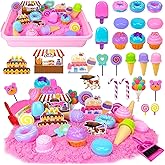 Play Sand Kit for Girls, Ice Cream Sensory Bin Sandbox, Creative Bake Shop with 2.2lbs Magic Sand, Ice Cream & Cake Models, Cleaning Tools, Pretend Beach Cake Stand Toys Gift for Toddler Ages 3-8