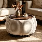 Large Round Storage Ottoman Table, Vertical Channel Tufted, Light Gray | Mid-Century Modern Footstool with Wooden Reversible Tray Lid, Space-Saving, for Living Room, Bedroom, Apartment