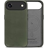 Belemay Handcrafted Crazy Horse Leather Case for iPhone 17 Air, Compatible with MagSafe, Vintage Aesthetic, Two-Tone Effect, Unique Patina, Camera Control Button, Metal Buttons (6.5"), Pine Green
