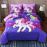 JQinHome Unicorn Queen Bedding Sets for Girls Kids,8 Piece Bed in A Bag 3D Purple Rainbow Theme Unicorn Comforter Set with Sheet Set(Rainbow)