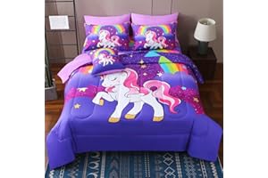 JQinHome Unicorn Twin Bedding Sets for Girls Kids,6 Piece Bed in A Bag 3D Purple Rainbow Theme Unicorn Comforter Set with Sheet Set(Rainbow)
