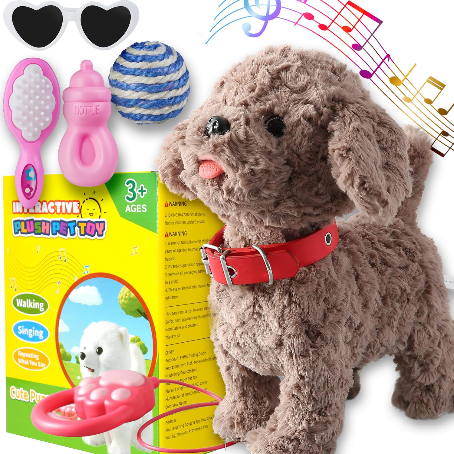 Marsjoy Walking Barking Dog Toy Singing Puppy Set, Repeat What You Say Teddy with Control Leash Electronic Dog, Touch or Voice Control Realistic Musical Dancing Animated Pet for Toddler