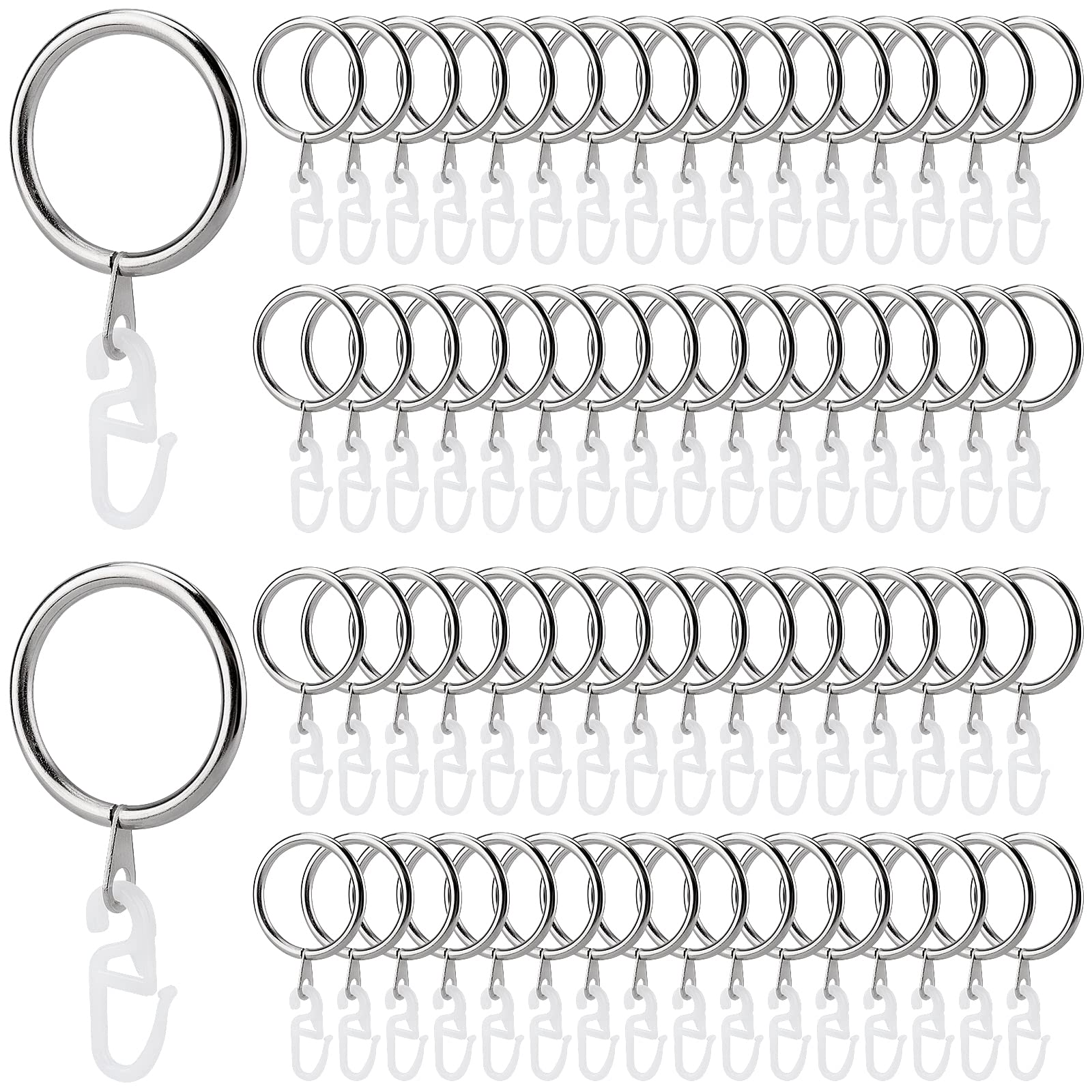 PINGEUI Pack of 100 Curtain Rings with Hooks, Curtain Rings Metal Curtain Rings Curtain Rings Silver for Window Door Shower Curtains, 30 mm Inner Diameter