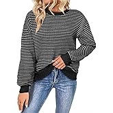 SHEWIN Women's Long Sleeve Crewneck Striped Side Split Pullover Sweater