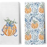 Foritho Grandmillennial Fall Orange Pumpkin Kitchen Towels, Preppy Fall Pumpkin Hand Towels for Bathroom, Cottagecore Blue Floral Autumn Farmhouse Dish Tea Towel for Kitchen Decor, 16x24 Inch Set of 2