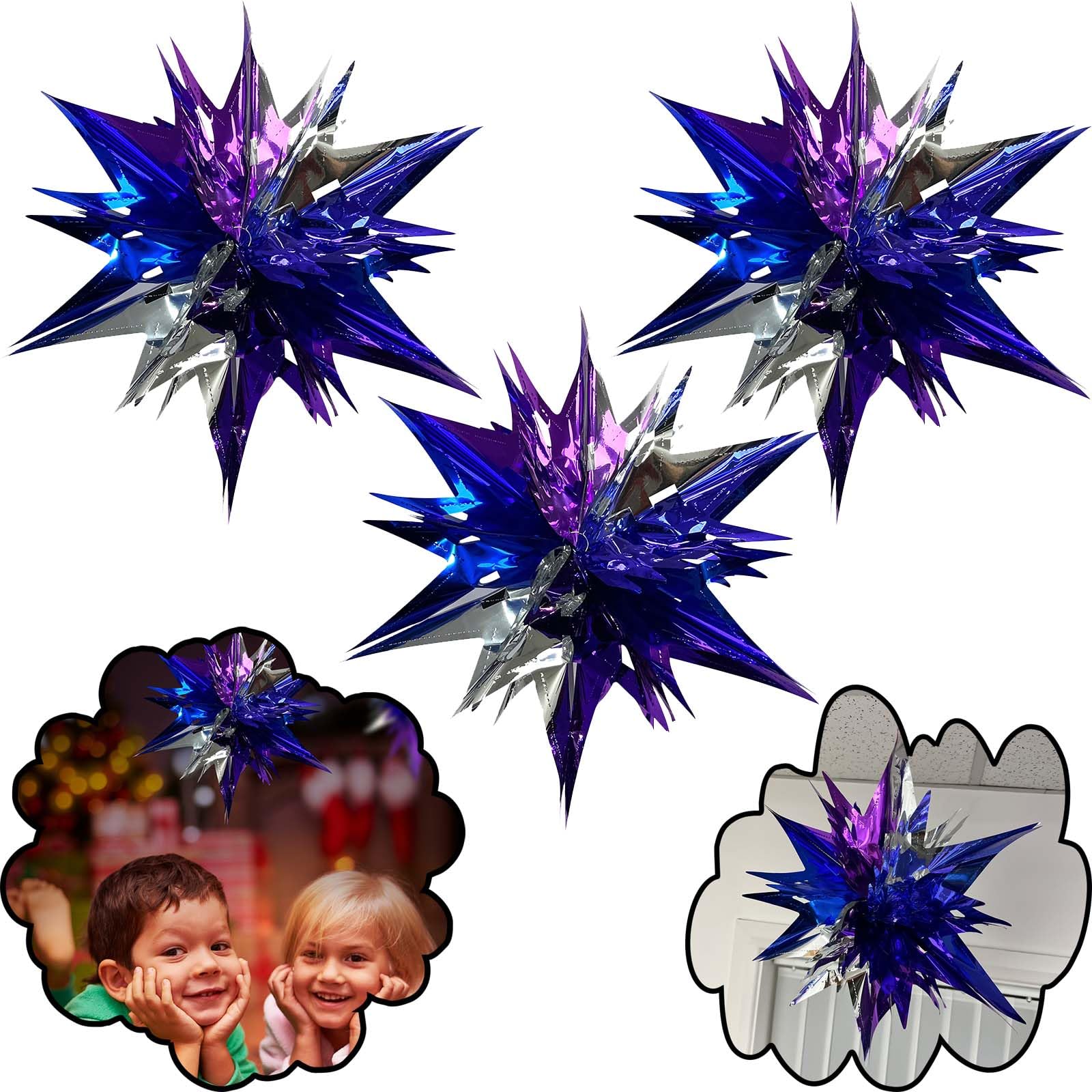 3PC Christmas Ceiling Decorations - Festive Foil Garland & Starburst Hanging Tinsel in Purple, Silver & Blue for Indoor Xmas & New Year Decor