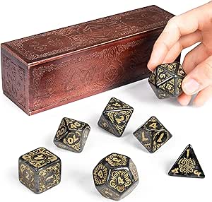 Titan Dice: Nyx | 25mm Giant Polyhedral Dice 7-Piece Set &amp; Engraved Wooden Display Box | Smoke Color with Gold Numbers | Tabletop Roleplaying Fantasy RPG Gaming Novelty Accessories