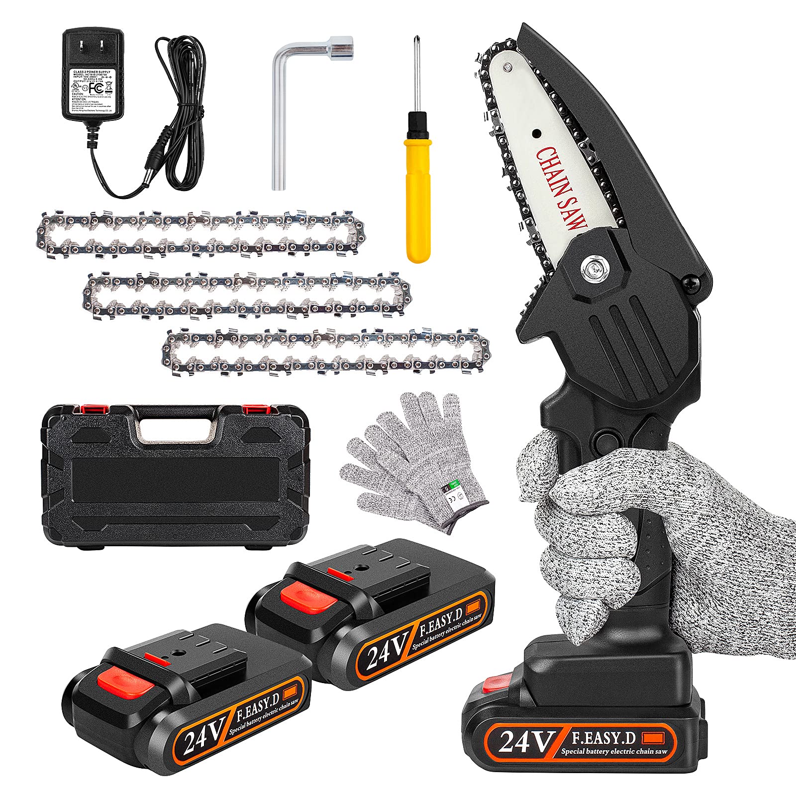 Photo 1 of Mini Chainsaw Cordless Upgrade with 3 Chain 24V Strong Power 2 Batteries and Charger, OneLeaf Portable Handheld Battery Chainsaw, Small One-Handed for Gardening Pruning, Tree Trimming