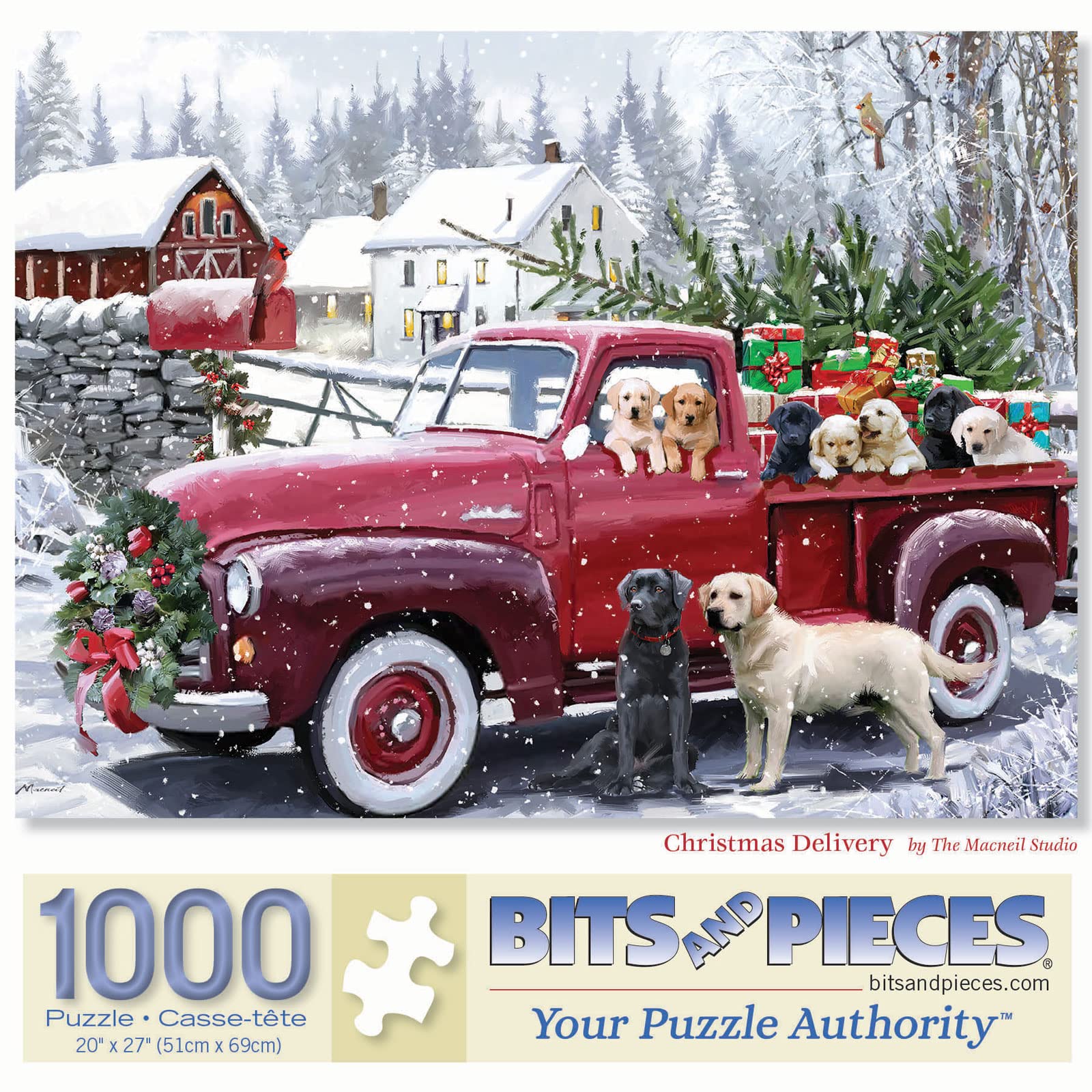 Bits and Pieces 1000 Piece Puzzles for Adults - Large 20" x 27" Jigsaw Puzzles 1000 Pieces Red Truck Presents Dogs, Random Die Cut, No 2 Pieces Alike, Christmas Delivery