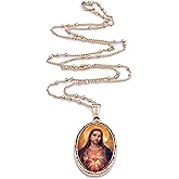LESLIE BOULES Sacred Heart of Jesus Pendant Necklace for Women 18K Gold Plated Chain Religious Jewelry