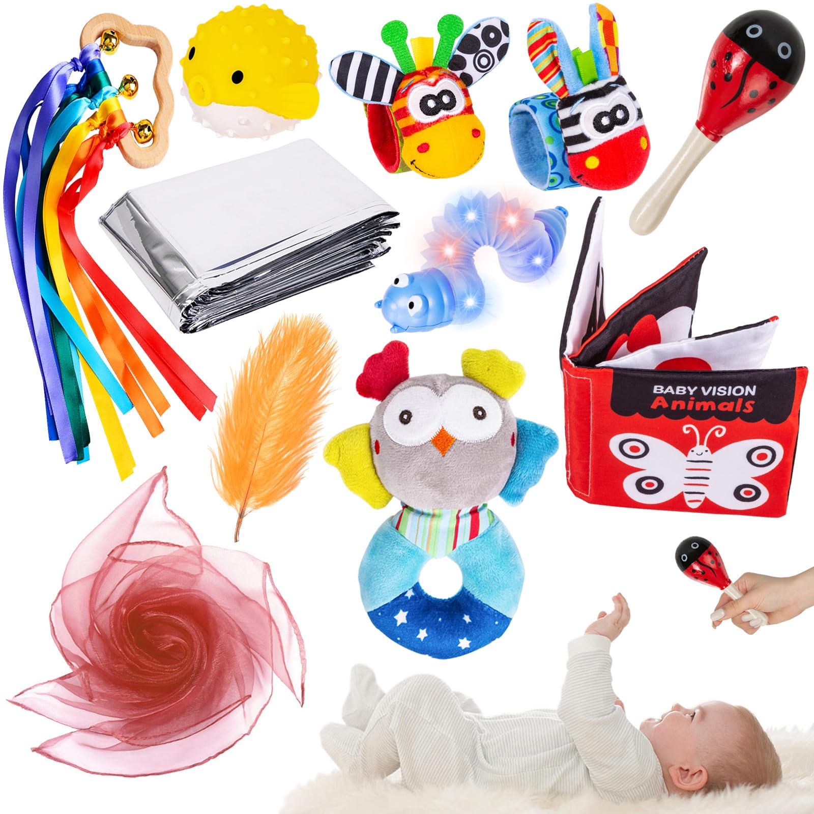 FNYUN 12pcs Sensory Toy Kit, Newborn Toys Set Colorful Sensory Toys for Babies 0 3 6 9 12 Months, Baby Sensory Toys for Autism ADHD, Presents Gifts for Newborn (12pcs)