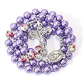 Nazareth Store Purple Pearl Beads Rosary Flowers/Metal Necklace Beaded Miraculous Medal & Cross Rosary For Men and Womensary For Men and Womens