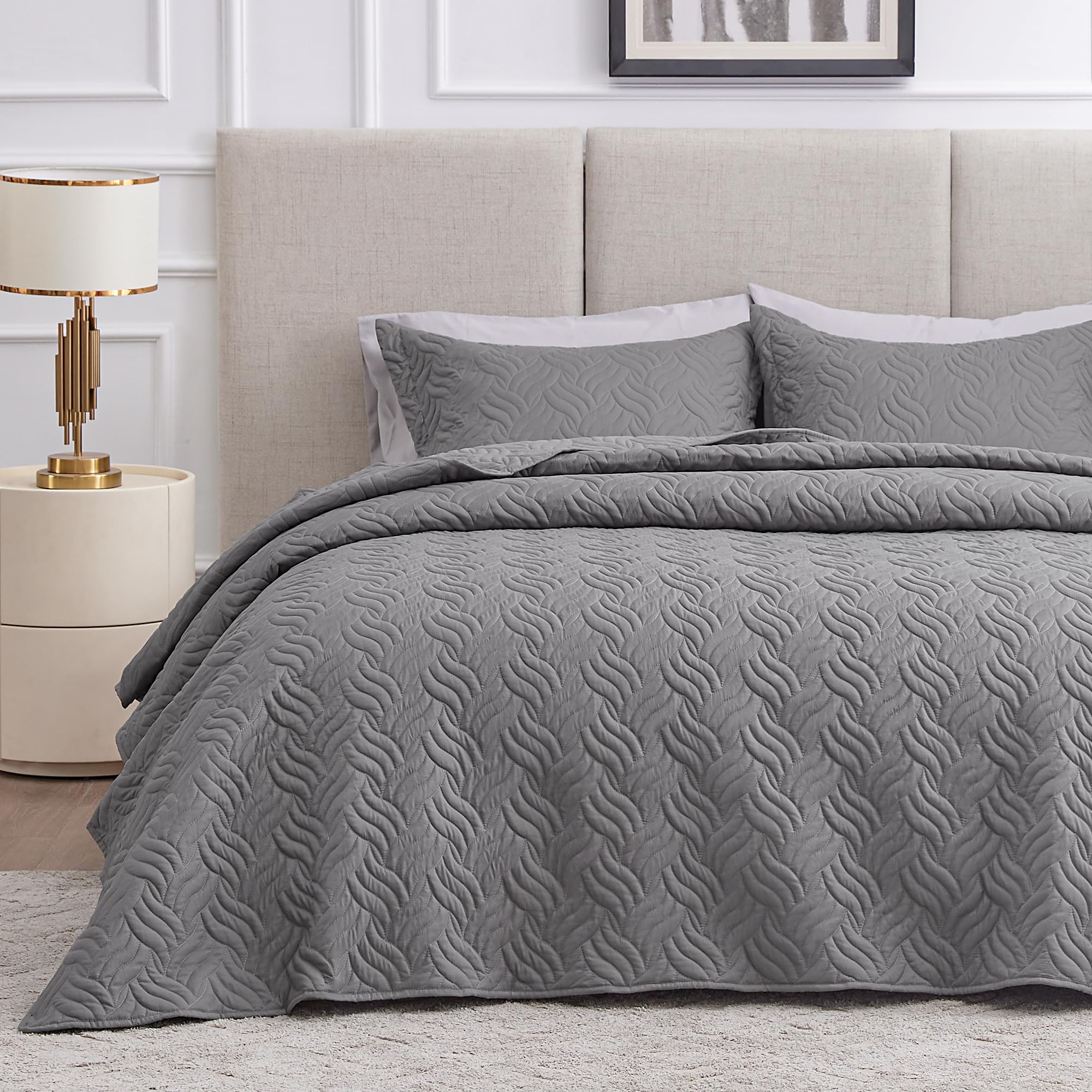 Photo 1 of Love's cabin California King Size Quilt Bedding Set Grey Bedspread - Cal King Summer Lightweight Bedspread Comforter - Wave Pattern Coverlet for All Season - 3 Pieces (1 Quilt, 2 Pillow Shams)