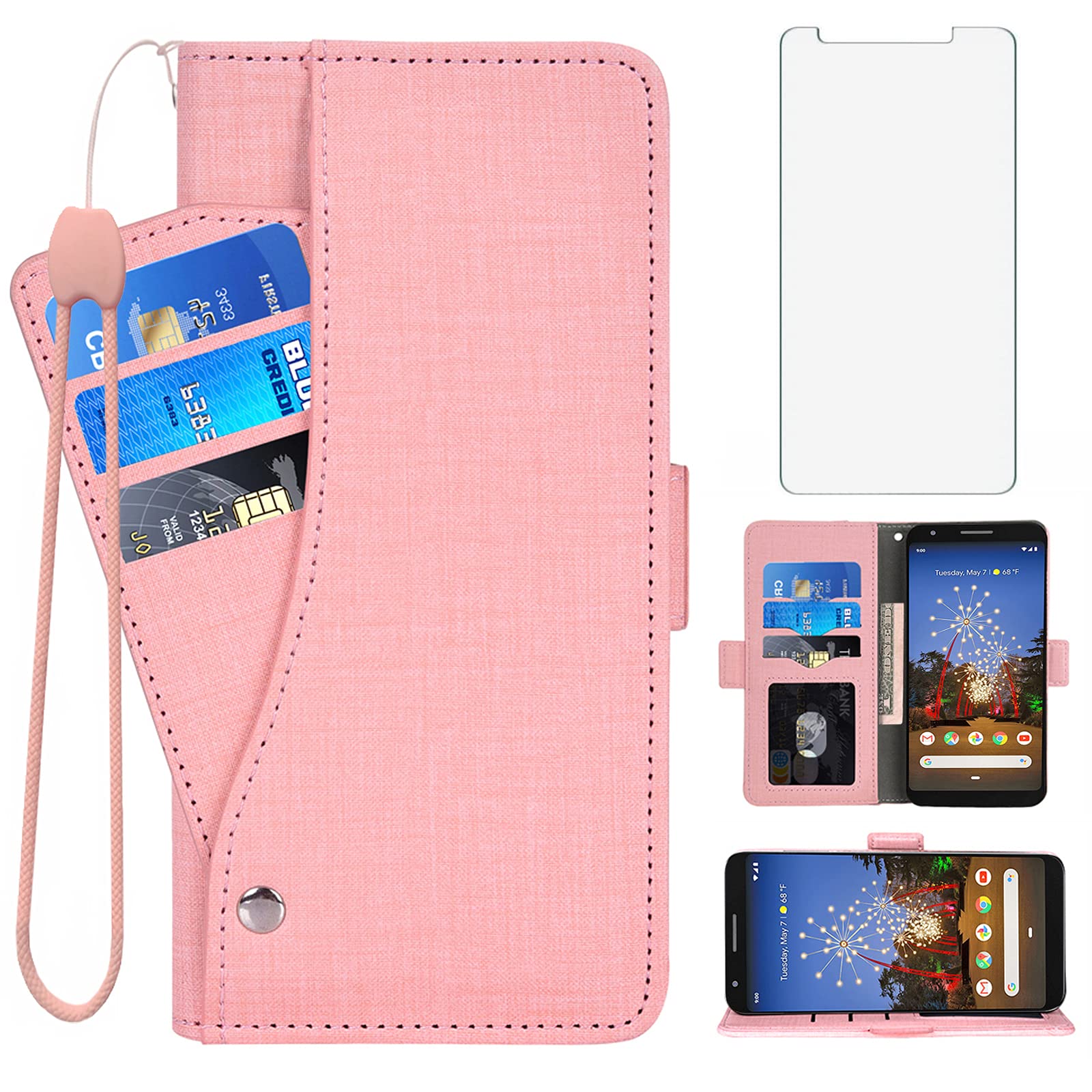 Asuwish Compatible with Google Pixel 3a Wallet Case Tempered Glass Screen Protector and Leather Flip Cover Magnetic Card Holder Stand Cell Accessories Phone Cases for Pixel3a Pixle a3 Women Men Pink