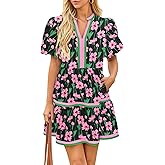 Cicy Bell Womens V Neck Floral Mini Dress Short Puff Sleeve Patchwork Summer Casual Boho Dresses